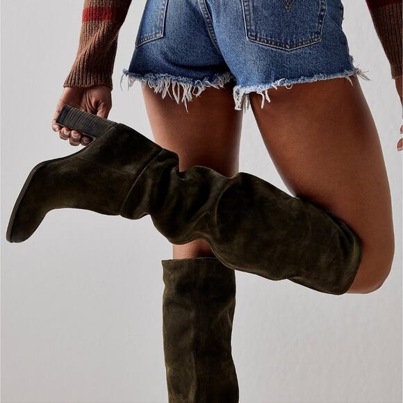 NEW Free People Dakota Moss Green Suede Leather Heeled Tall Slouchy Boots - Picture 9 of 11